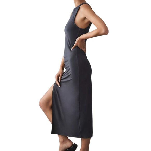 Anthropologie NWT Bordeaux High Neck Ruched Lounge Dress Midi Gray Size M - Picture 6 of 10